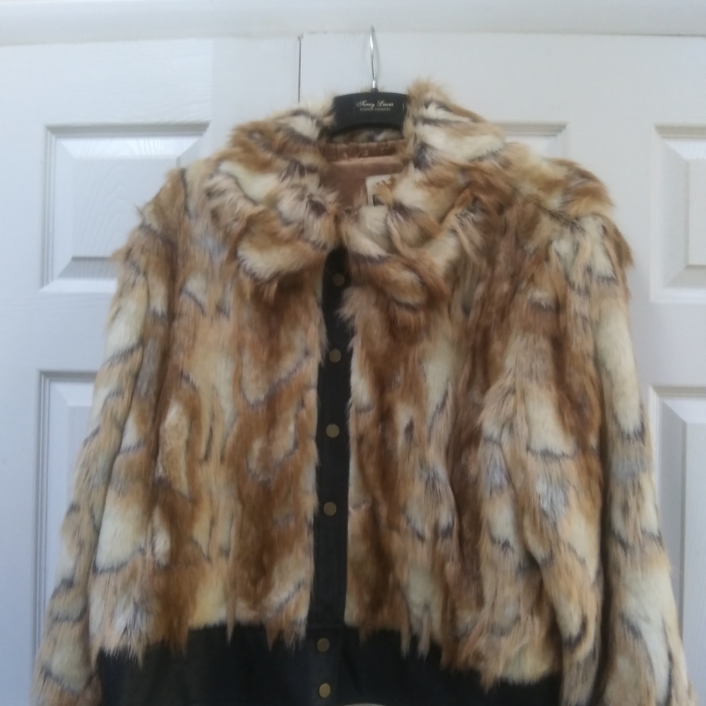 Faux Fur Jacket with Faux Ostrich Leather Trim